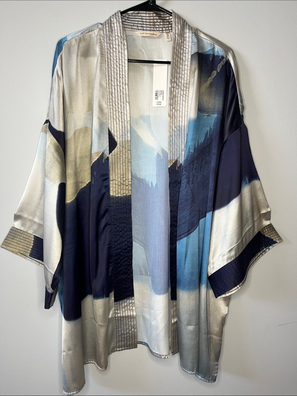 NWT Soft Surroundings Ainsley Abstract Satin Kimono grey blue shiny satin